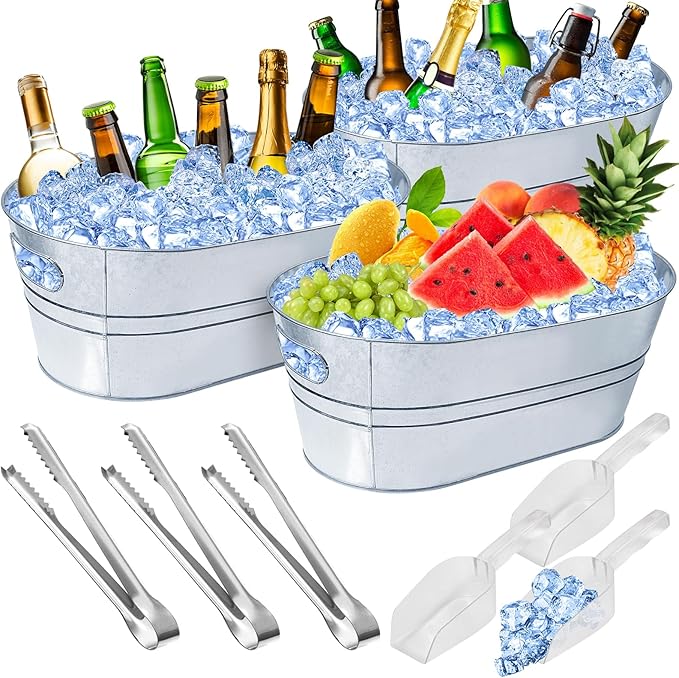 4 Gallon Ice Buckets for Parties, IKAYAS Galvanized Metal Ice Bucket Ice Tub with Scoop for Cocktail Bar Mimosa Bar Supplies, Large Champagne Bucket Beer bucket Metal Tub (3 Pack)