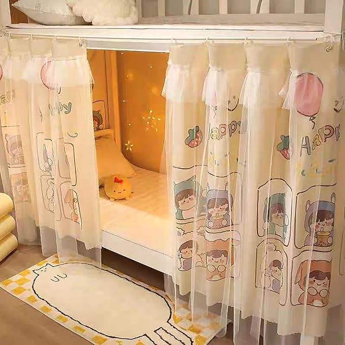 Beautiful Gauze Bunk Bed Curtains Drapes with Lace Privacy Bed Canopy for Bottom, 2 Panels, Happy