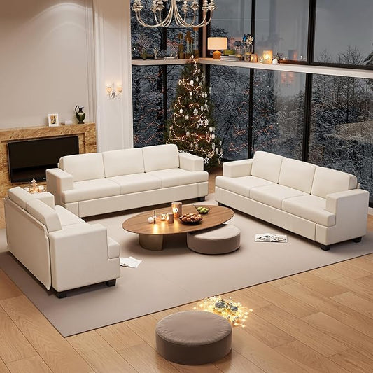 3 Pieces Corduroy Couch Set for Living Room, 3 Seater*2 & Loveseat Cloud Sofa, Deep Seat Floor Couch for Bedroom, Futon Modern Sofa Bed, White Corduroy