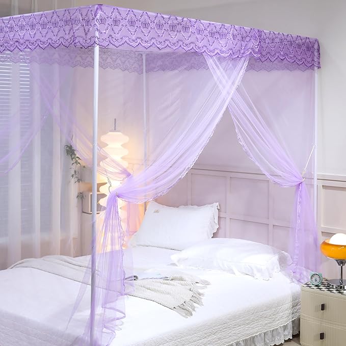 Bed Canopy, Princess Bed Curtain Net for Girls & Adults，Three-Doors Rectangle Lace Dome Netting (Purple, Queen)