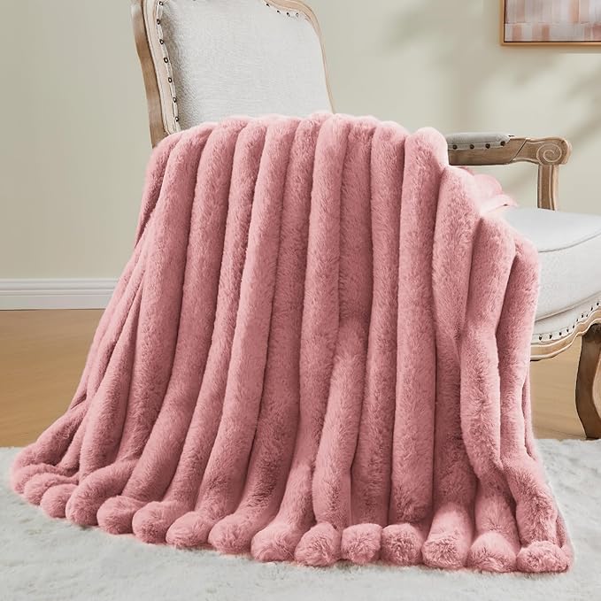 BEDELITE Faux Fur Throw Blanket for Couch, Soft and Cozy Luxurious 3D Striped Pink Fluffy Blanket, 770GSM Thick Warm Plush Fuzzy Faux Rabbit Fur Blanket for Women Gift, 50"x 60"