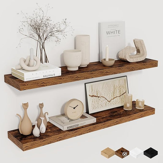 32Inch Floating Shelves for Wall 2 Pack Wood Shelves for Kitchen, Bathroom, Bedroom Wall Mounted Rustic Wood Floating Shelf with Invisible Brackets for Books, Storage, Decor, Rustic Brown