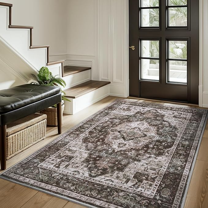 AMOAMI-3X5 Area Rug-Soft Washable Vintage Throw Accent Rugs for Living Room, Entryway, Bedroom, Kitchen, Bathroom, Laundry Room, Kitchen, Bathroom, Bedside, No Slip Brick/Brown