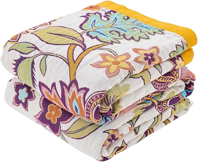 Boho Throw Blanket for Bed, 100% Cotton Soft Rustic Quilt Fall Blanket, 50"x60" Floral Printed Farmhouse Decor Bed Blankets, All Season Rustic Reversible Bohemian Throw Quilt