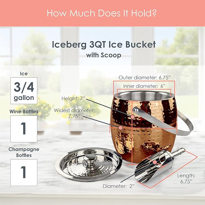 BREKX 3QT Insulated Ice Bucket for Parties with Lid and Scoop- Sweat-Free One Bottle Wine Chiller/Champagne Bucket or Ice Bucket for Cocktail Bar, Leak Proof & Easy to Clean, Rose Gold