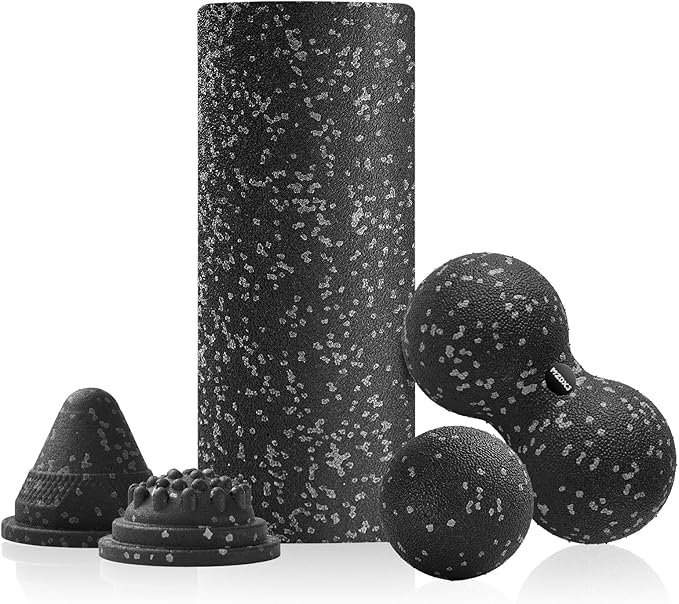 5 in 1 Foam Roller Set with Peanut Massage Ball, Curved Muscle Brush - Yoga Roller, Massage Ball, Trigger Point Triangle for Deep Tissue Relief (Black Gray)