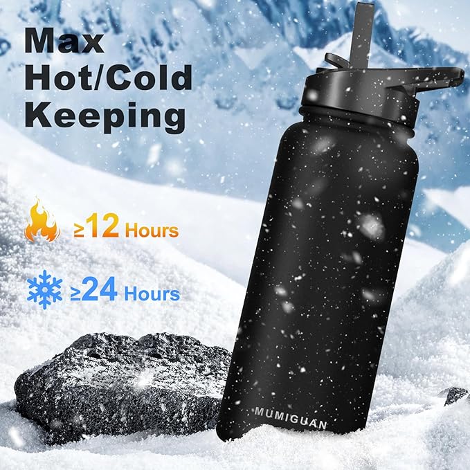 32oz Insulated Water Bottle with 3 Lids(Straw, Hand and Spout Lid), Double Vacuum Stainless Steel Metal Water Flask(BPA-free, CPC) for Sports, Camping, Hiking, Cycling, Fitness and more(Black)