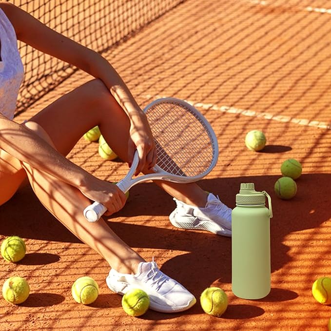 Black 32 OZ Insulated Water Bottle, Large Metal Stainless Steel Water Flask, Big Sports Travel Water Bottle with 2 Lids, Insulated Thermos Thermal Mug Cup