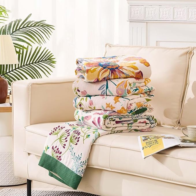 Boho Throw Blanket for Bed, 100% Cotton Soft Rustic Quilt Fall Blanket, 90"x98" Floral Printed Farmhouse Decor Bed Blankets, All Season Rustic Reversible Bohemian Throw Quilt