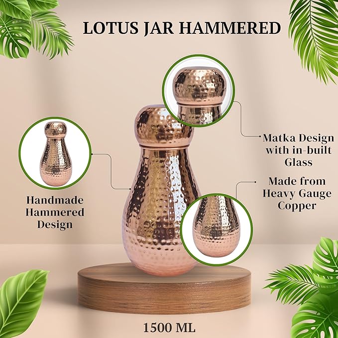BA Lotus 100% Pure Copper Jar Handcrafted Hydrate Naturally with Ayurveda Intricate Design Healthy Living Positivity Calmness 50 OZ, 1.5L
