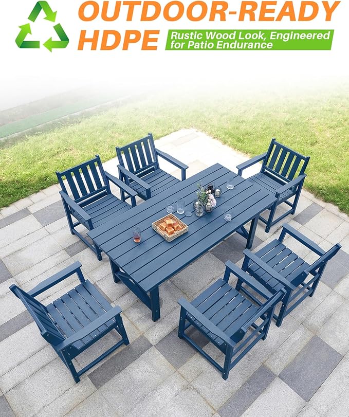 7 Pieces HDPE Outdoor Dining Set, Patio Dining Set with Umbrella Hole, All Weather Outdoor Dining Table Sets for 6, HDPE Patio Furniture Sets for Deck, Backyard, Lawn, and Poolside, Navy
