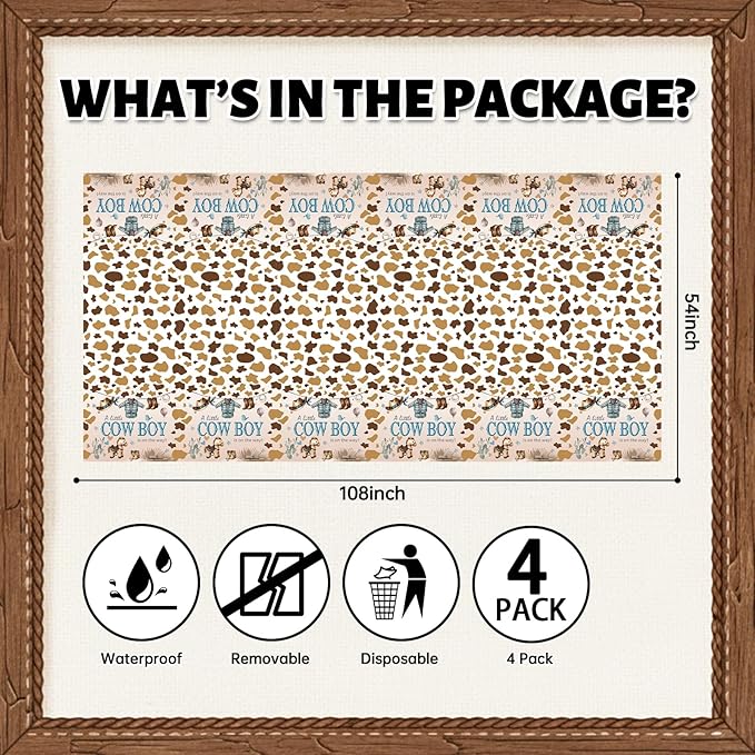 ATFUNSHOP Cowboy Baby Shower Tablecloth 4 Pack 54X108 A Little Cowboy is On The Way Western Theme Table Cover, Rustic Baby Boy Rodeo Party Decorations