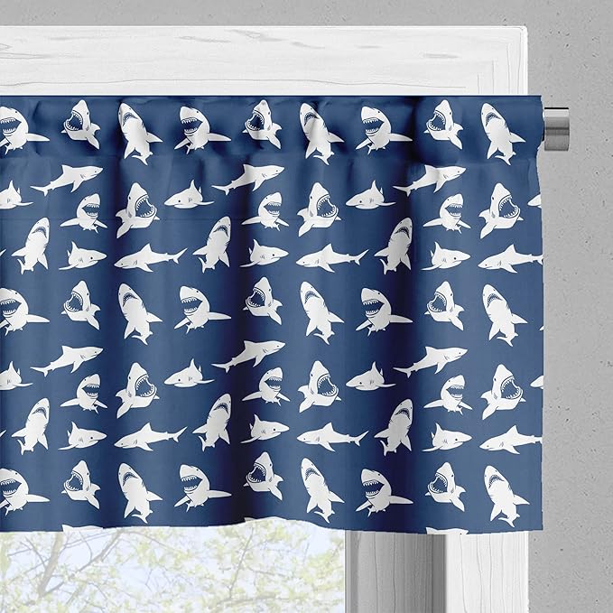 Ambesonne Shark Valance & Tier Curtain 3 pcs Set, Fish Pattern Various Gestures Have a Bite Danger Humor Nautical Design, Window Treatments for Kitchen Room Decor, 55" x 24", Blue Violet