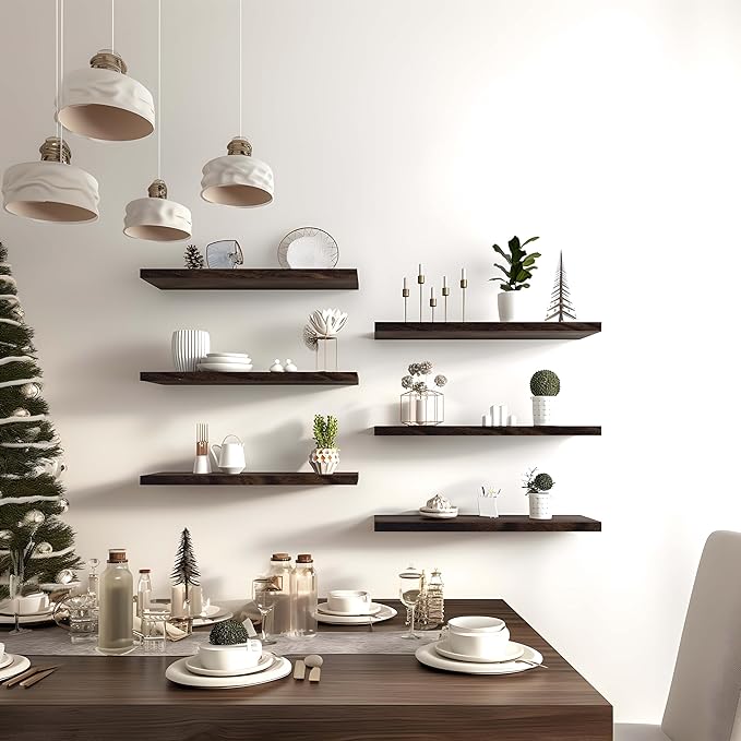 Brown Wood Floating Shelves for Wall Rustic Wall Shelves for Bedroom Set of 6