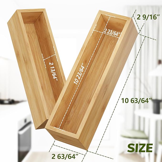 BAMEOS Kitchen Drawer Organizer,Small Silverware Drawer Organizer,Bamboo Utensil Organizer for Bathroom, Dressing Room, Office, Pantry (Natural, 11"x 3") Set of 2