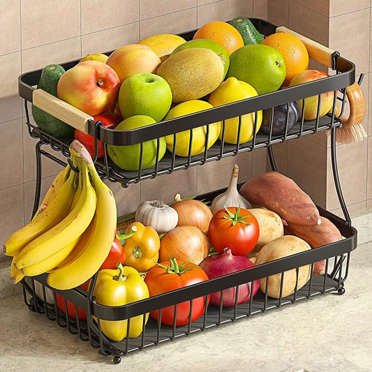 2 Tier Fruit Basket for Kitchen Counter with 2 Mobile Banana Hangers, 2025 Pro Detachable Metal Fruit Bowl with Wooden Handle, Fruit Holder for Bread Snack Veggies with Protective Mats