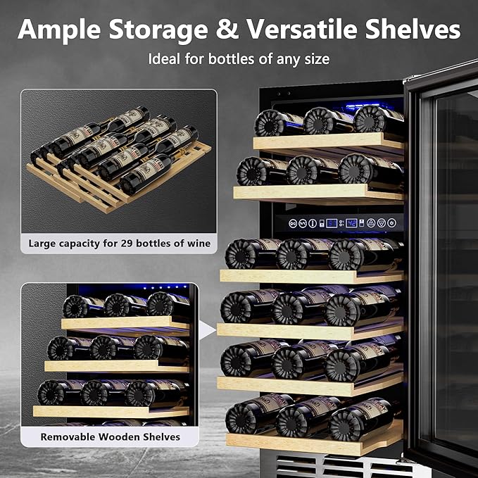 15 Inch Dual Zone Wine Refrigerator, 29 Bottle Under Counter Wine Fridge, Wine Refrigerator for Built-In or Freestanding, Wine Cooler with Removable Shelves, Double-Layer Glass Door, for Home