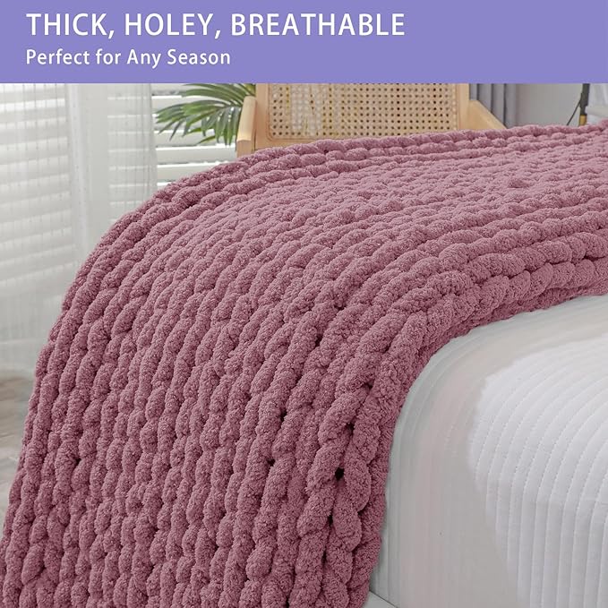 Bigacogo Chunky Knit Throw Blanket for Couch, 40x40 inches, 100% Hand Knitted with Thick Jumbo Chenille Yarn, Cozy Soft Large Rope Knot Cable Crochet Blankets for Sofa Bed Living Room, Burnt Rose