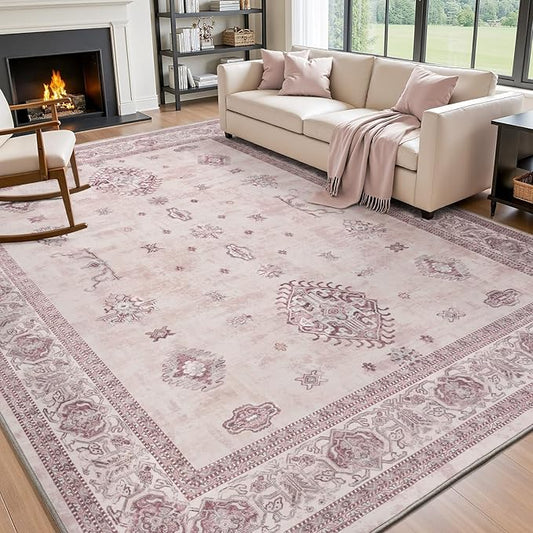 AMOAMI-Vintage Area Rug 6X9 Pink Rugs for Living Room-Soft Living Room Rug Non Slip Rugs for Bedroom Carpet Machine Washable Rug for Dining Room Bedside Office Room Decor