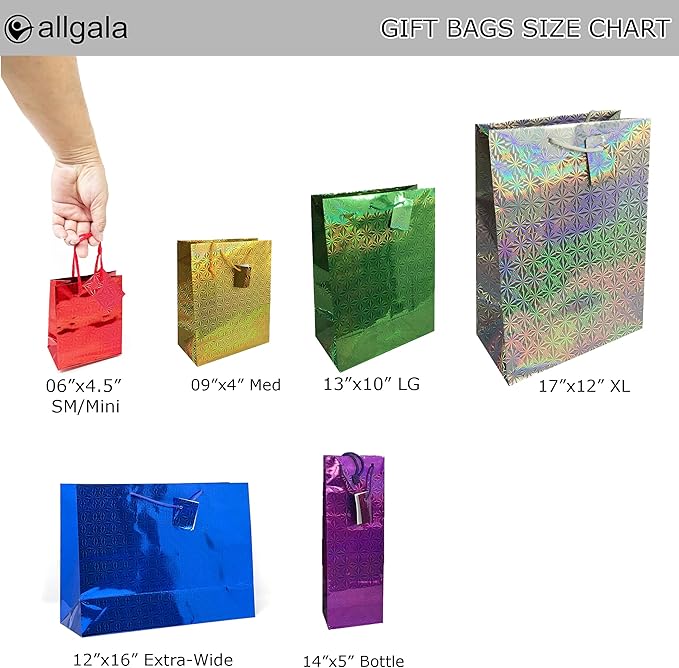 allgala Wine Gift Bags 12-PC 14"x5" Premium Wine Bottle Hologram Gift Bags 6 Color Assorted