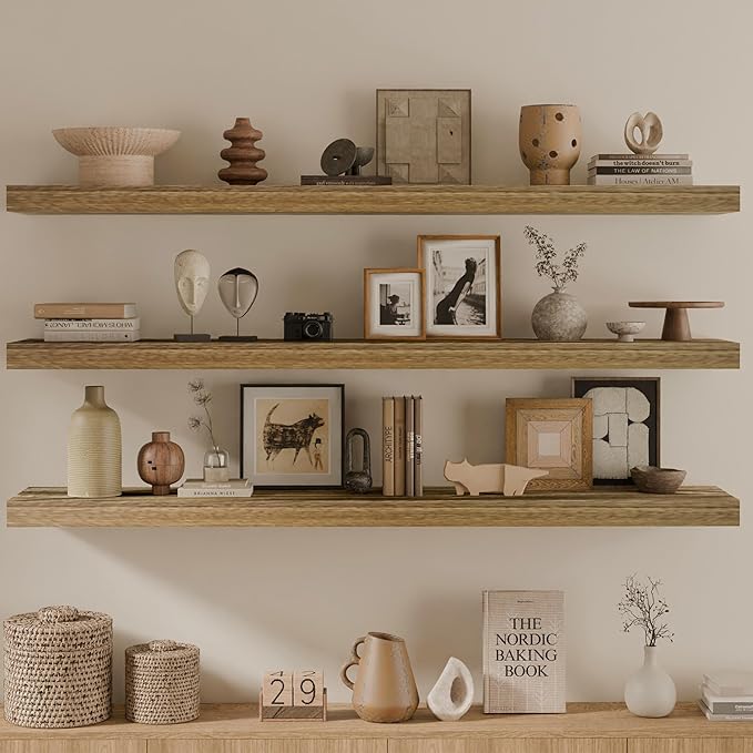 48 Inch Floating Shelves, 8 Inch Deep Floating Shelves for Wall, Hanging Shelf with Invisible Brackets, Wall Mounted Display Shelves for Bathroom, Bedroom, Living Room,3 Tier