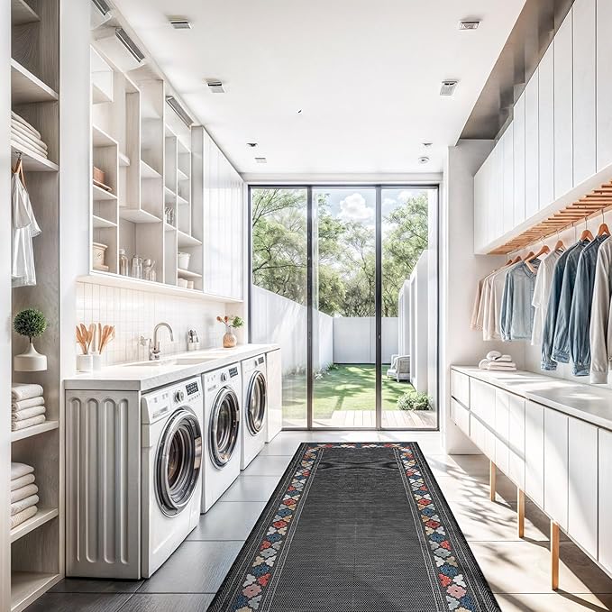 Beverly Rug Outdoor Runner Rug 2x7 Modern Floral Bordered Area Rugs for Indoor and Outdoor Patio Easy to Clean Non Shedding Living Room Porch Garden Washable Outside Carpet (2 x 7 Dark Gray)