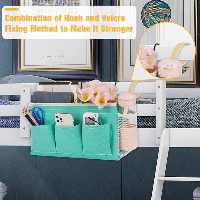 Bedside Caddy Bedside Organizer Bedside Storage Caddy with Fixed Straps and Water Bottle Holder for Home College Dorm Bunk Bed Hospital Bed Crib Bed Rails (2pcs Green)