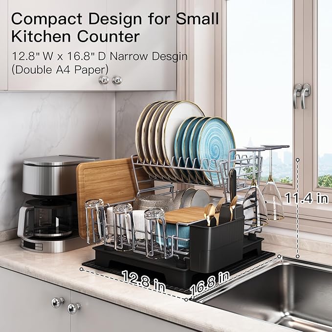 BOOSINY 2 Tier Grey Large Stainless Steel Dish Drainers Drying Rack for Kitchen Counter with Drainboard, Rust Proof Metal, Space Saving, Modern Aesthetic, Compact Plates Strainers with Extra Mat