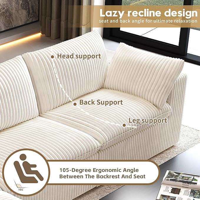 118" V Shaped Corner Modern Sofa Modular Sectional Cloud Couch,Deep Seat Upholstered Couches with Plush Corduroy Fabric for Living Room Furniture,Bedroom and Apartment,No Assembly Required,White