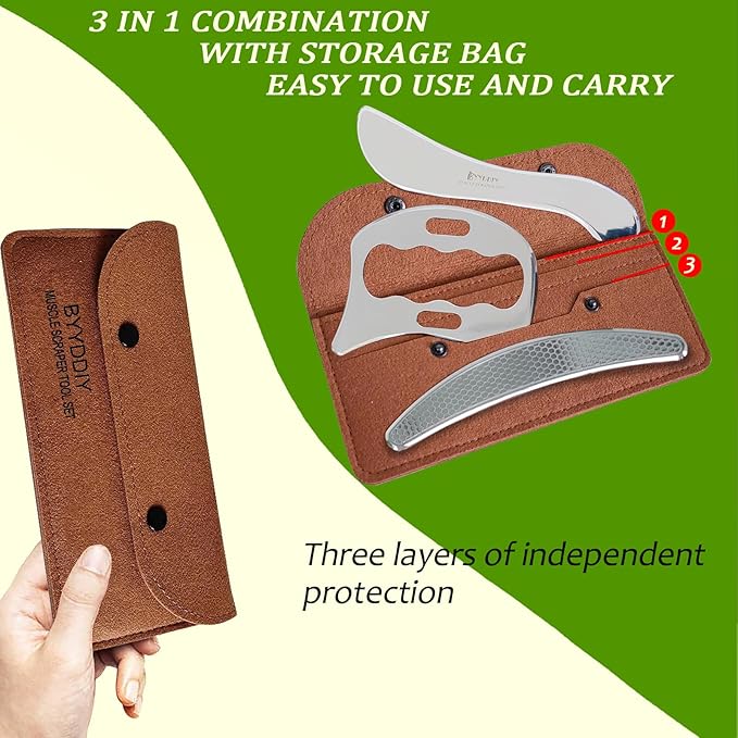 BYYDDIY 3 in 1 Stainless Steel Muscle Scraper Tools Set,Scraping Massage Tools for Physical Therapy,Derma Edge & GuaSha Massage Scraper Tool,IASTM Tools,Guasha Tool for Body