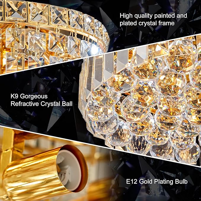 4-Light Gold Crystal Chandeliers Flush Mount Chandelier Light Fixture with K9 Crystals Modern Ceiling Lights Elegant Round Lamp for Bedroom,Hallway,Bar,Living Room,Dining Room,H5.9 xW13.7