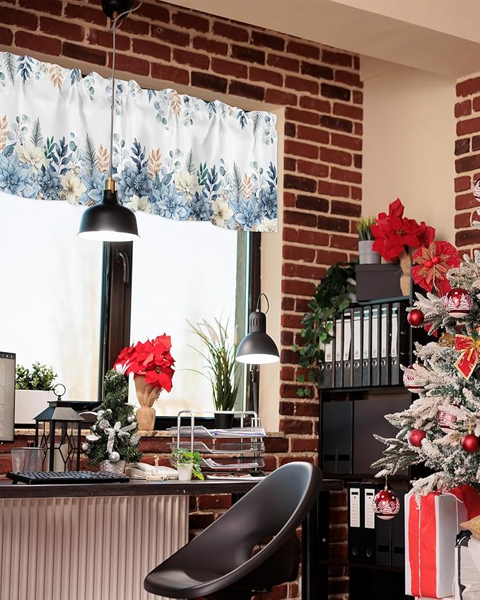 Blue Christmas Poinsettia Valance Curtains for Kitchen Windows Winter Eucalyptus Leaves Rod Pocket Window Treatment Toppers for Kitchen/Living Room/Bedroom/Bathroom, 42" X 12",