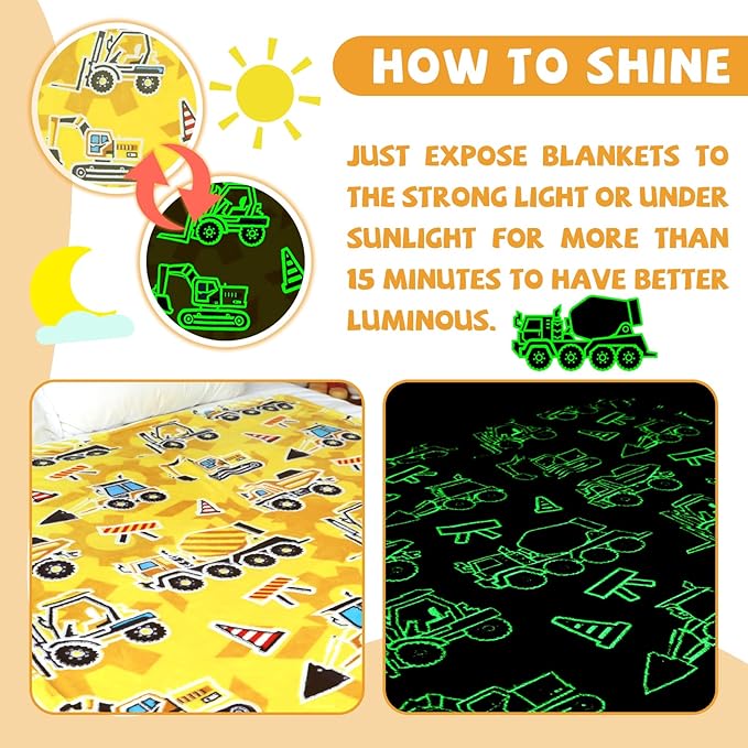 Boys Blanket Glow in The Dark Truck Blanket for Kids Toddler Construction Excavator Gifts Toys Cute Kids Tractor Blanket Kids Gifts