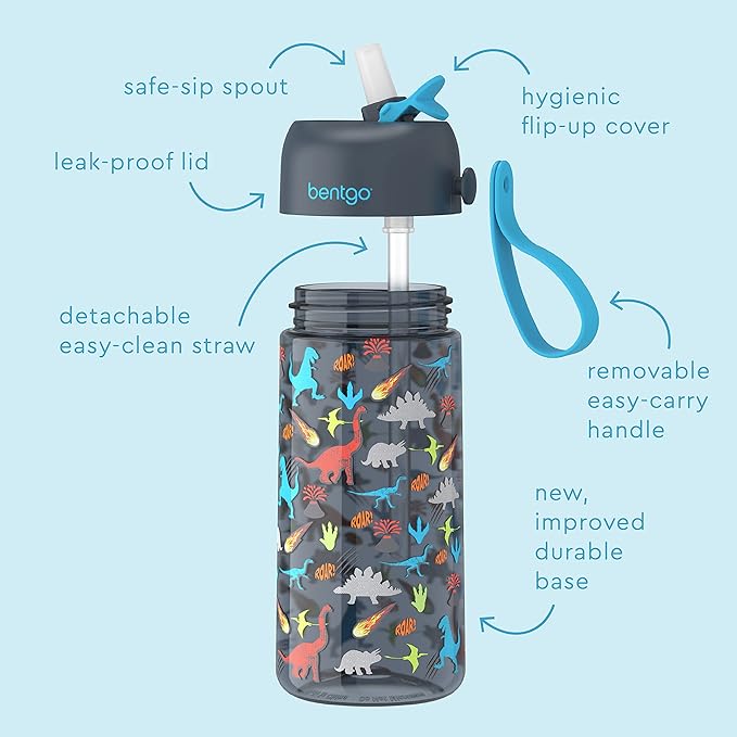 Bentgo Kids Water Bottle - Leak-Proof, Durable Tritan™, BPA-Free 15 oz. Cup for Kids/Toddlers Ages 3+ - Flip-Up Straw & Dishwasher Safe for School, Sports, Daycare & Camp (Dinosaur)