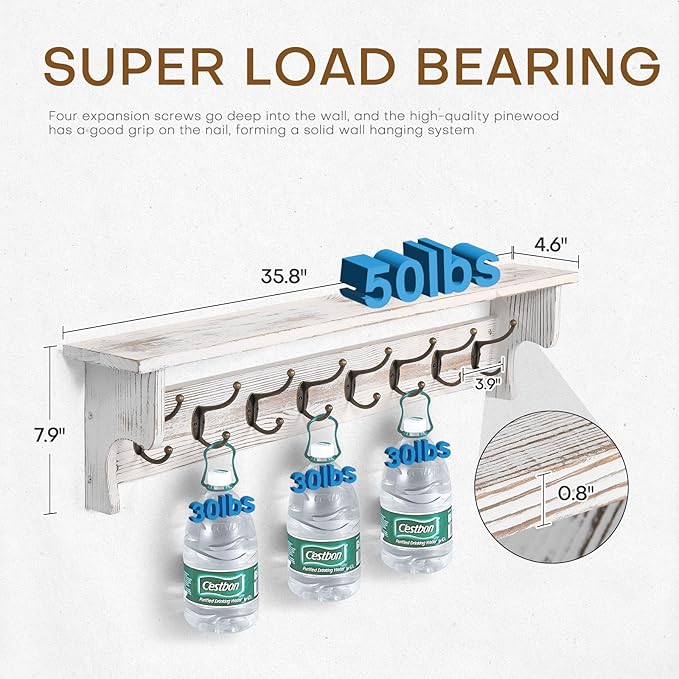 BECHAEO 35.8'' Wood Coat Rack Wall Mount with Shelf, White Wall Coat Rack with Hooks, Farmhouse Rustic Coat Hooks for Entryway Bathroom Hallway Kitchen Bedroom