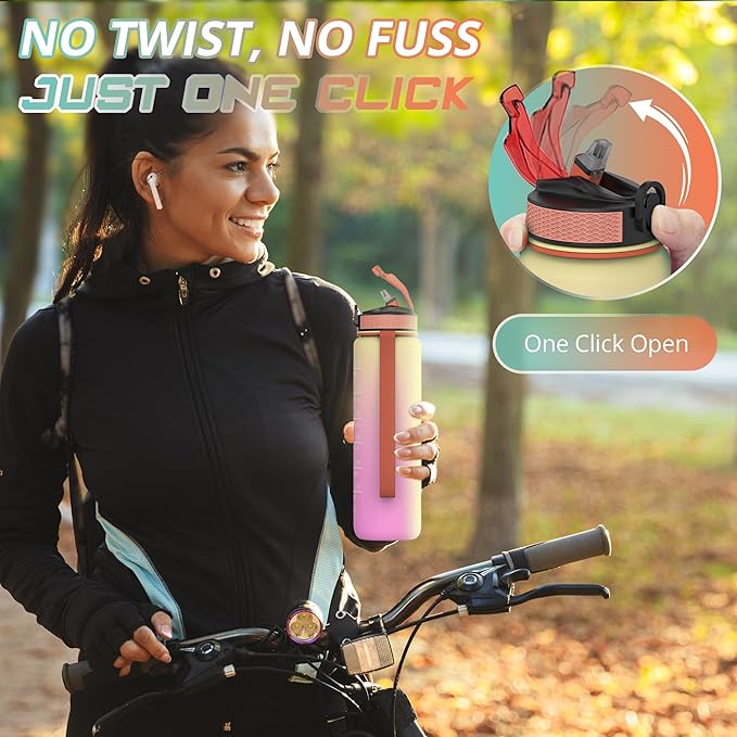 32 oz Water Bottle with Time Marker- Leak-Proof & BPA Free Reusable Gym Water Bottle - Easy to Carry Motivational Water Bottle for Fitness, Sports, Outdoor, Cycling, School & Office (Pink)