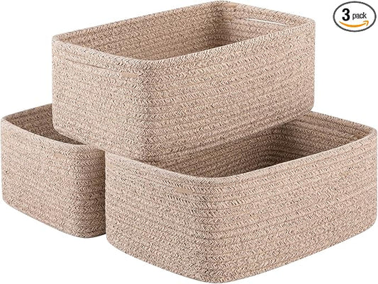 3 Pack Small Storage Baskets for Organizing, Cute Woven Decorative Gift Baskets for Shelves, Mini Closet Organizer Bins with Handles, 11.81''Lx7.87''Wx4.72''H-Brown