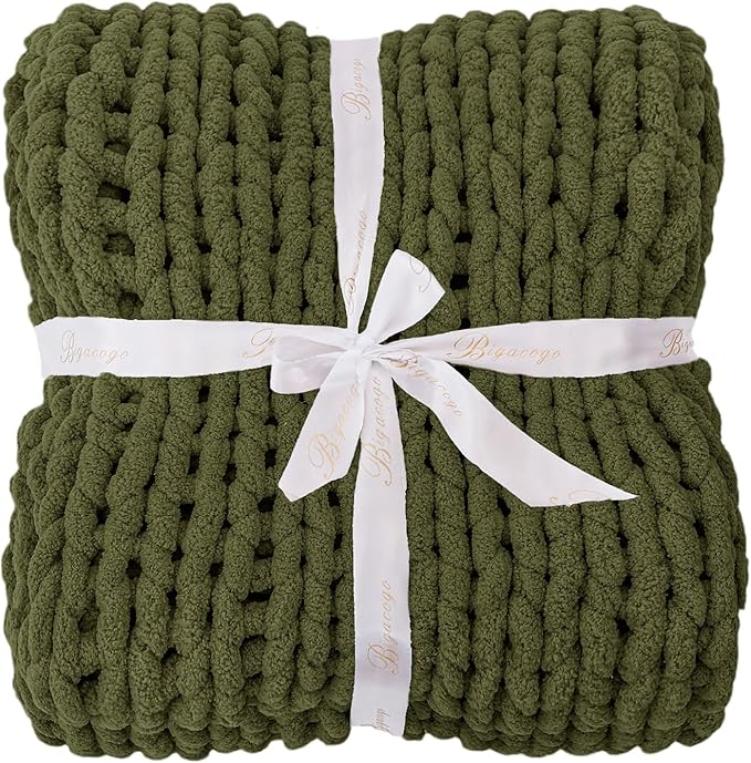 Bigacogo Chunky Knit Throw Blanket for Couch, 40x80 inches, 100% Hand Knitted with Thick Jumbo Chenille Yarn, Cozy Soft Large Rope Knot Cable Crochet Blankets for Sofa Bed Living Room, Yellow Green