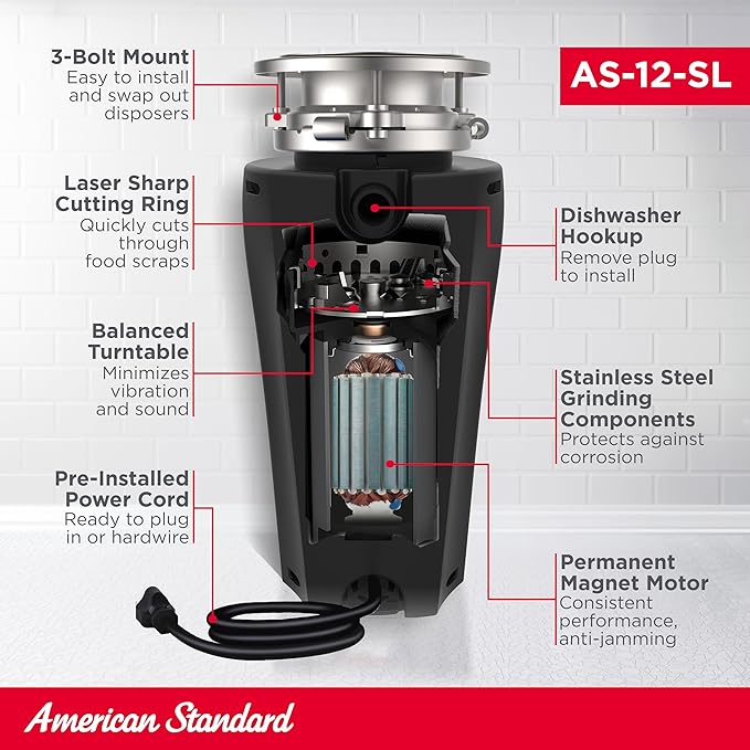 American Standard 10-US-AS-12-SL Garbage Disposal Anti-Jam Stainless Steel Food Waste Grinding System, Slim Line, 1.25 HP, Black