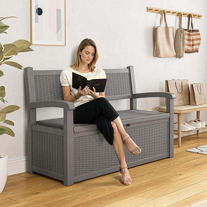 70 Gallon Outdoor Storage Box, Resin Patio Furniture with Armrest, Lockable Deck Box with Waterproof and UV Resistant for Patio Cushions, Garden Tools and Pool Supplies, Grey