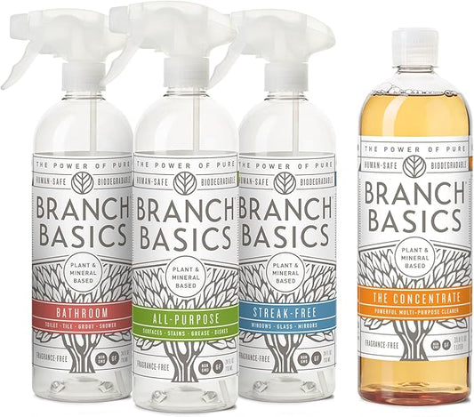 Branch Basics Cleaning Essentials Kit: All Purpose Spray, Glass Cleaner, and Bathroom Cleaner - Concentrate (33.8 Oz) + Plastic Spray Bottles for Cleaning (24 Oz) Non-Toxic, Fragrance-Free