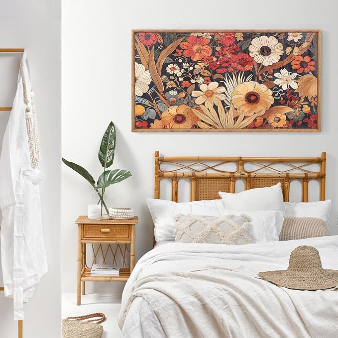 Aurlan Boho Burnt Orange Terracotta Wildflowers Framed Wall Art(40"x20"), Abstract Floral 3D Textured Canvas Artwork, Large Modern Vintage Botanical Nature Art Wall Decor for Home Office Living Room Bedroom