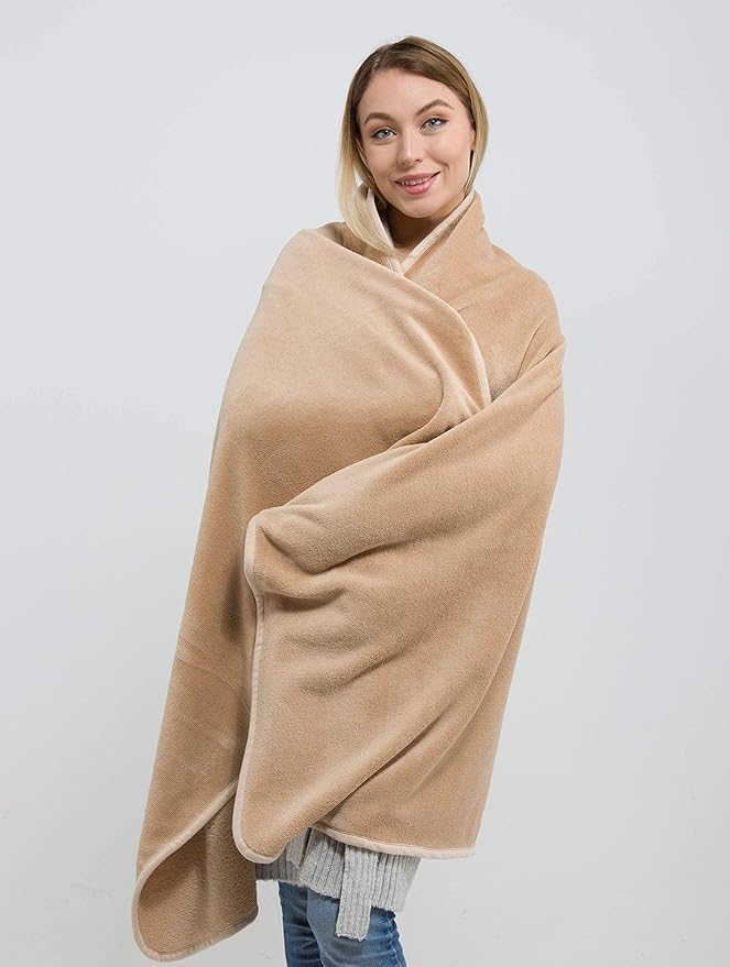 BlueHills Premium Soft Travel Blanket Pillow Airplane Blanket Packed in Soft Bag Pillowcase with Hand Luggage Belt and Backpack Clip, Compact Pack Large Blanket for Any Travel (Beige T005)