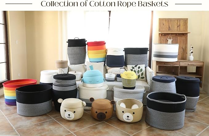 24" x 24" x 17" Max Size Large Cotton Rope Basket, Extra Large Storage Basket, Woven Laundry Hamper, Cloth Storage Bin, for Blankets Clothes Towels Pillows in Living Room, Black/Grey Mix