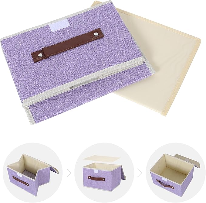 ANMINY 2PCS Storage Bins with Lid PU Leather Handles Storage Boxes PP Plastic Board Decorative Foldable Lidded Cotton Linen Fabric Home Cubes Baskets Closet Organizer Containers - Purple, Small Size