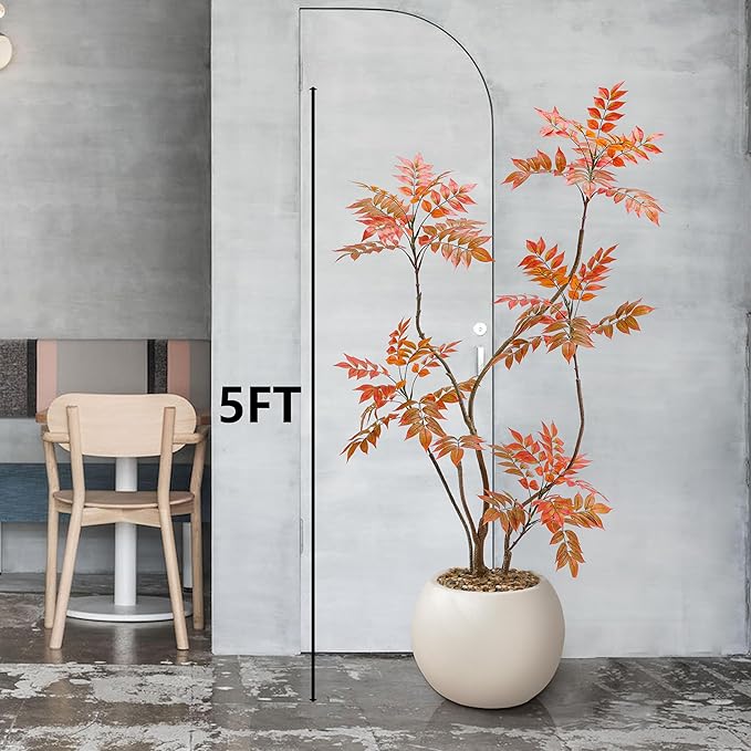 Artificial Mahonia Fortunei Tree 5FT,Tall Fake Plant Artificial Sumac Tree, Faux Plants Indoor Fake Plants Decor with Pots for Home Office Bathroom Bedroom Living Room Decorations Housewarming