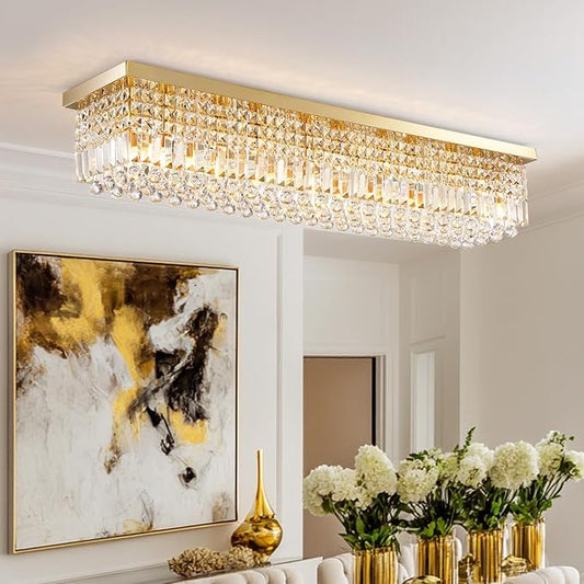 10 Lights Gold Flush Mount Rectangle Chandelier, Modern K9 Crystal Chandeliers Light Fixture Rectangular Raindrop Chandelier Pendant Island Light for Living Dining Room Kitchen Bar L47 Inch