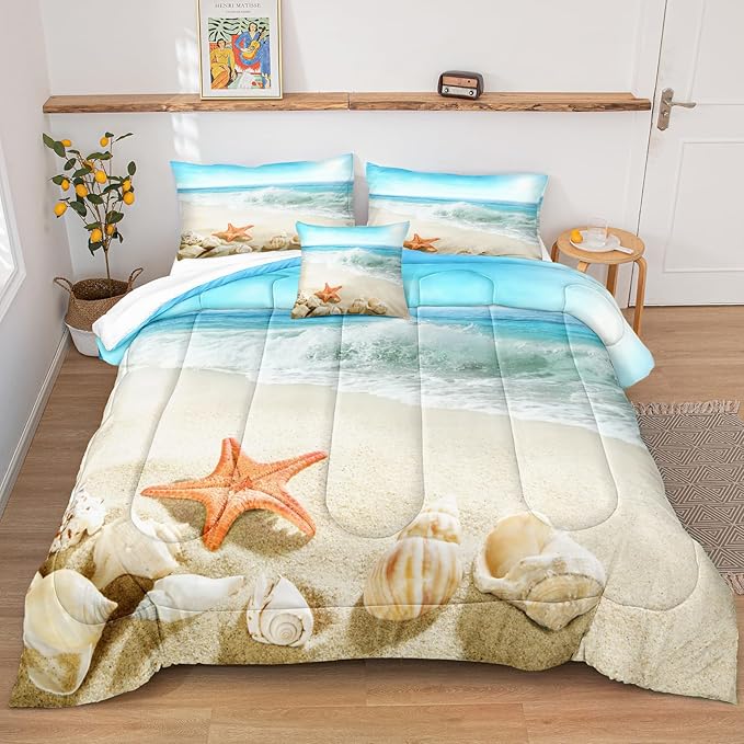 Bedbay Coastal Bedding King Size Beach Comforter Set Boys Girls Beach Room Decor Starfish Seashore Beach Quilt Set 4 Pcs Beachy Duvet Insert Soft Down Comforter for All Seasons(Conch,King)