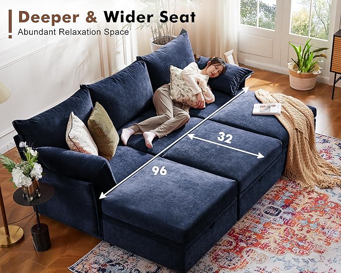 102.6" Modular Sectional Sofa, L Shaped Couch Set for Living Room, 3-Seater Comfy Cloud Couches with Movable Storage Ottoman,DIY Combination - Chenille Blue