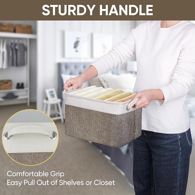 BALEINE 2 Pack Fabric Storage Bins for Shelves, Linen Storage Baskets for Organizing, Decorative Closet Bins for Clothes, Home (Brown, 12"x8"x8")